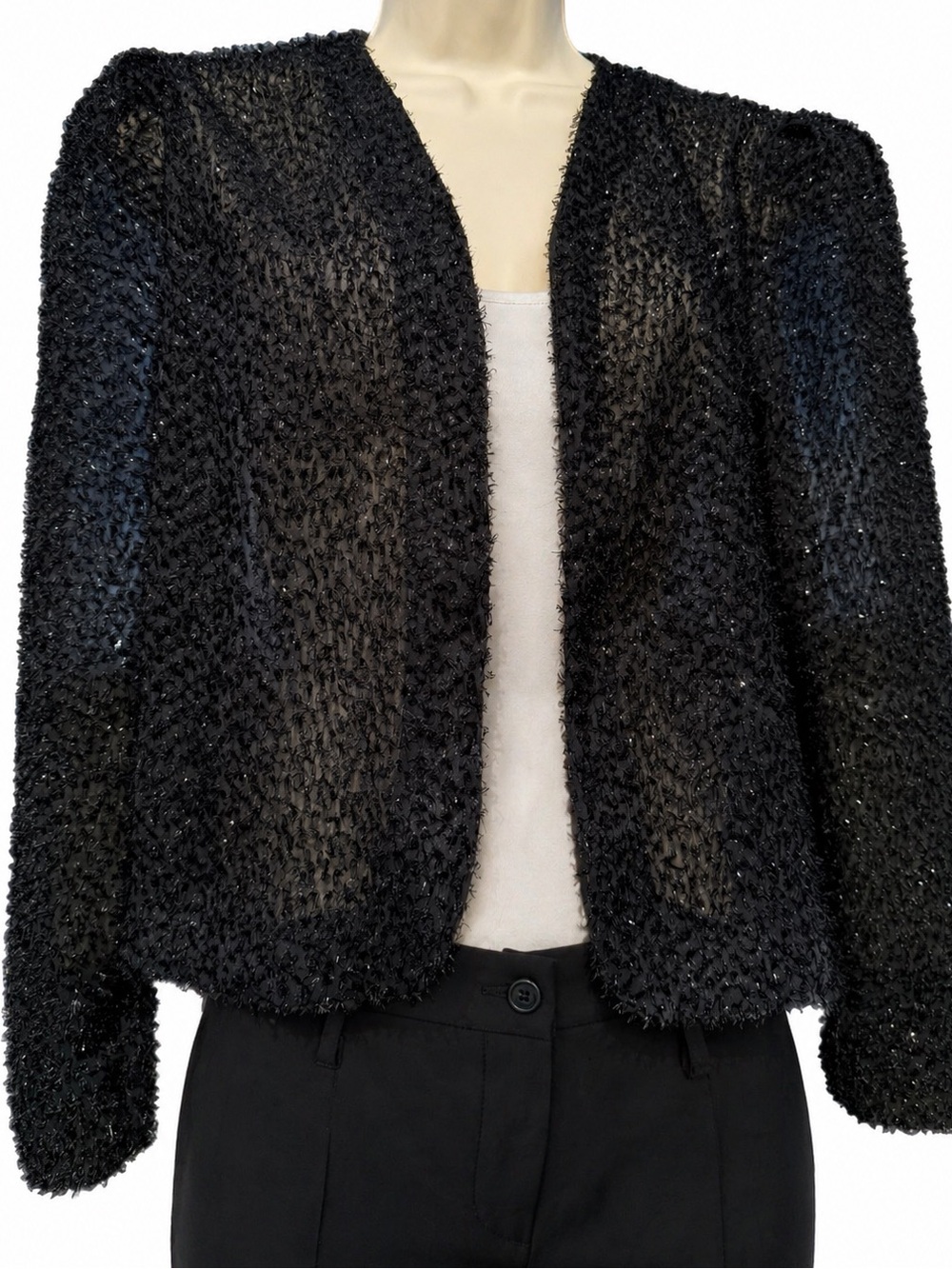 Black Sheer Cropped Cardigan Mesh Layering Elegant Minimalist Womens Medium